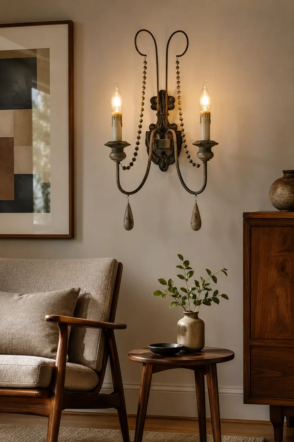 White Metal Wall Sconce with Wood Backplate and 2 Bulbs - Lumpaz