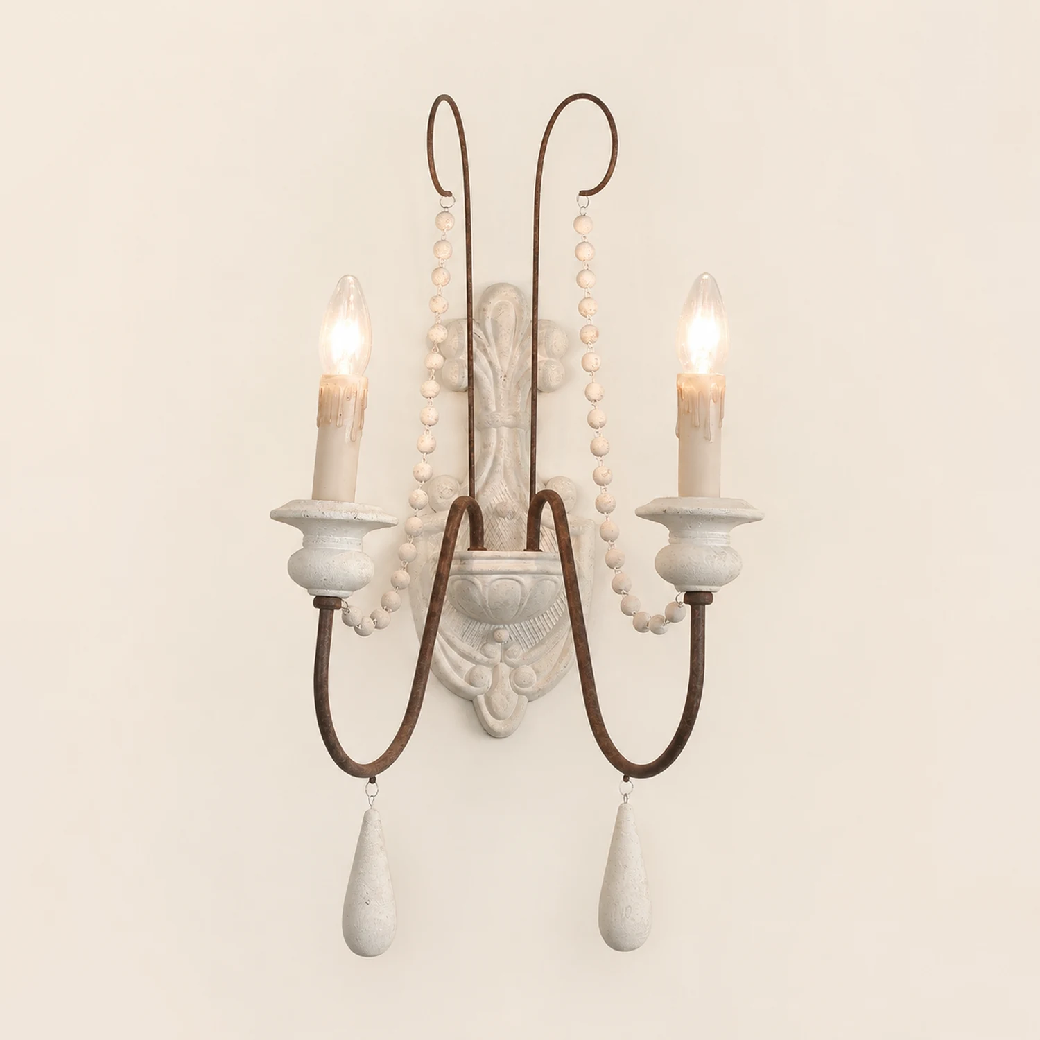 White Metal Wall Sconce with Wood Backplate and 2 Bulbs - Lumpaz