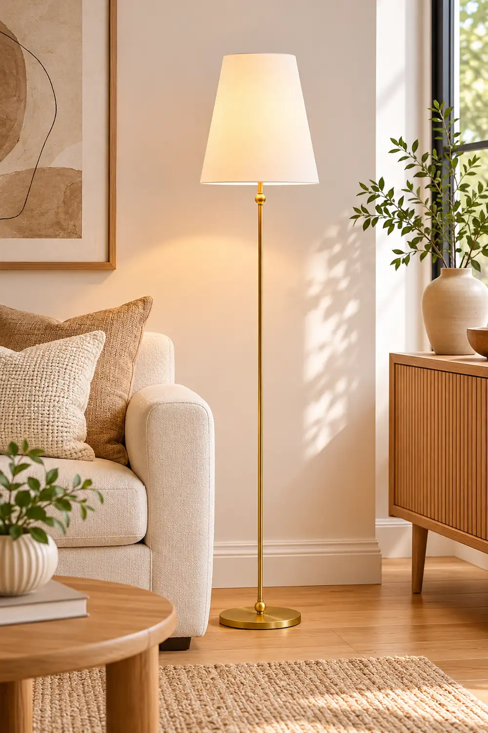 Minimalist Brass Floor Lamp with Fabric Shade - Lumpaz