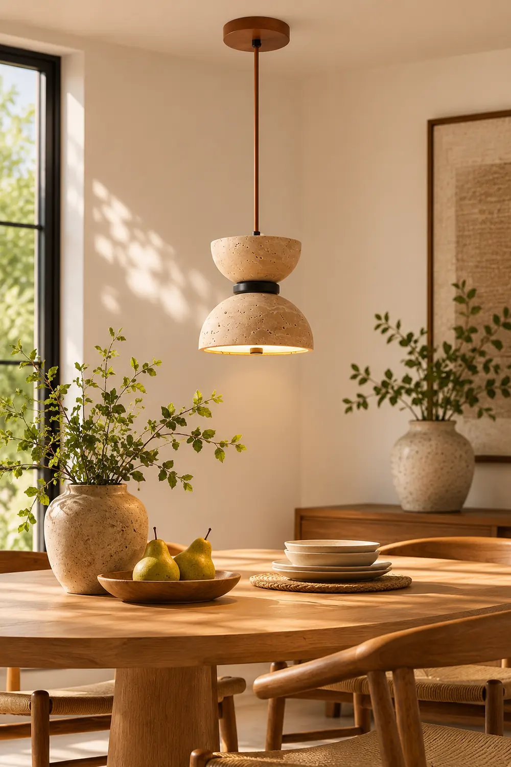 Japanese Style Double Bowl Travertine Pendant Light - Lumpaz