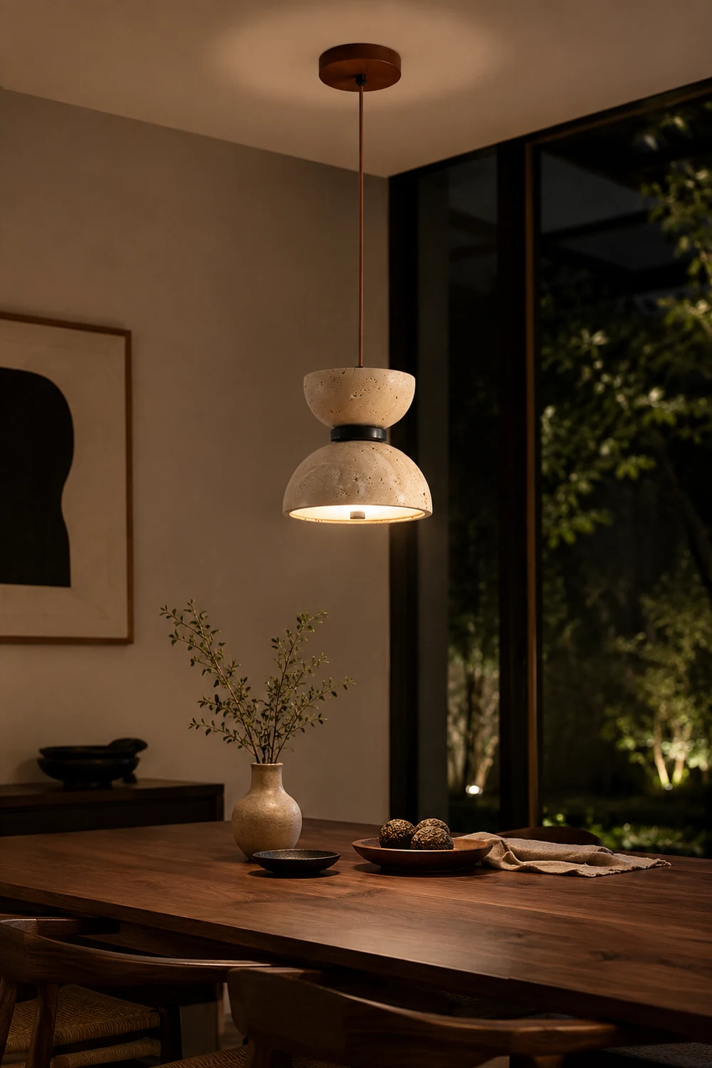 Japanese Style Double Bowl Travertine Pendant Light - Lumpaz