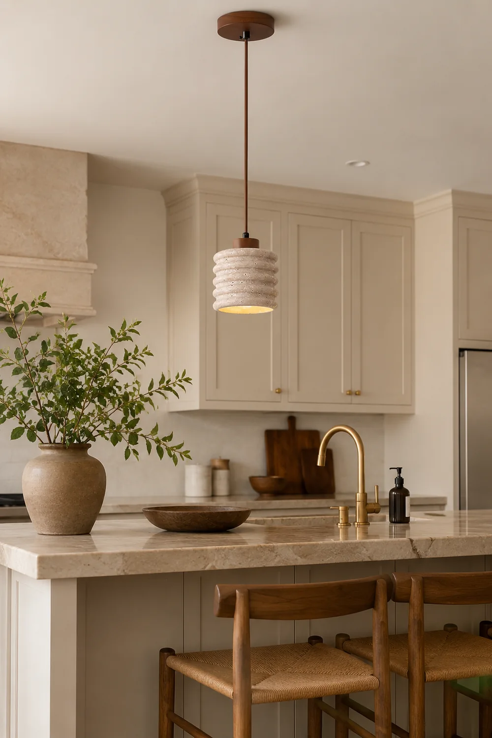 Rustic Travertine Cylinder Pendant with Wood Accent - Lumpaz