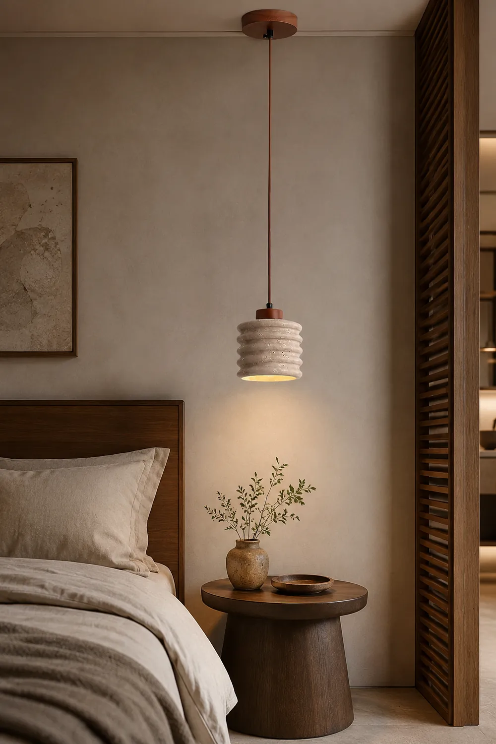 Rustic Travertine Cylinder Pendant with Wood Accent - Lumpaz