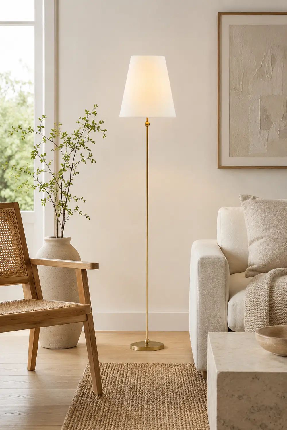 Minimalist Brass Floor Lamp with Fabric Shade - Lumpaz