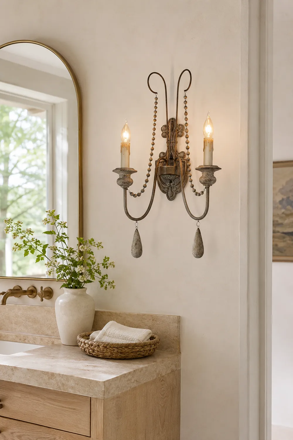 White Metal Wall Sconce with Wood Backplate and 2 Bulbs - Lumpaz