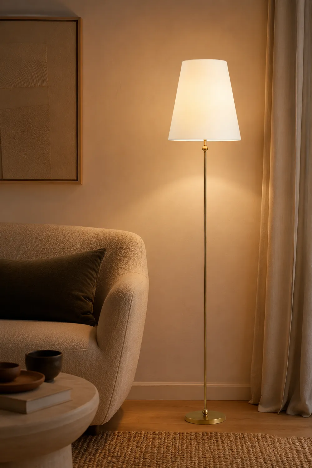 Minimalist Brass Floor Lamp with Fabric Shade - Lumpaz