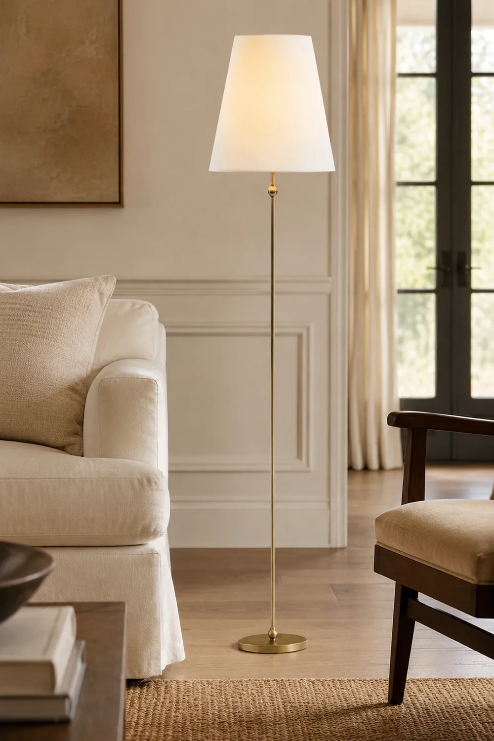 Minimalist Brass Floor Lamp with Fabric Shade - Lumpaz