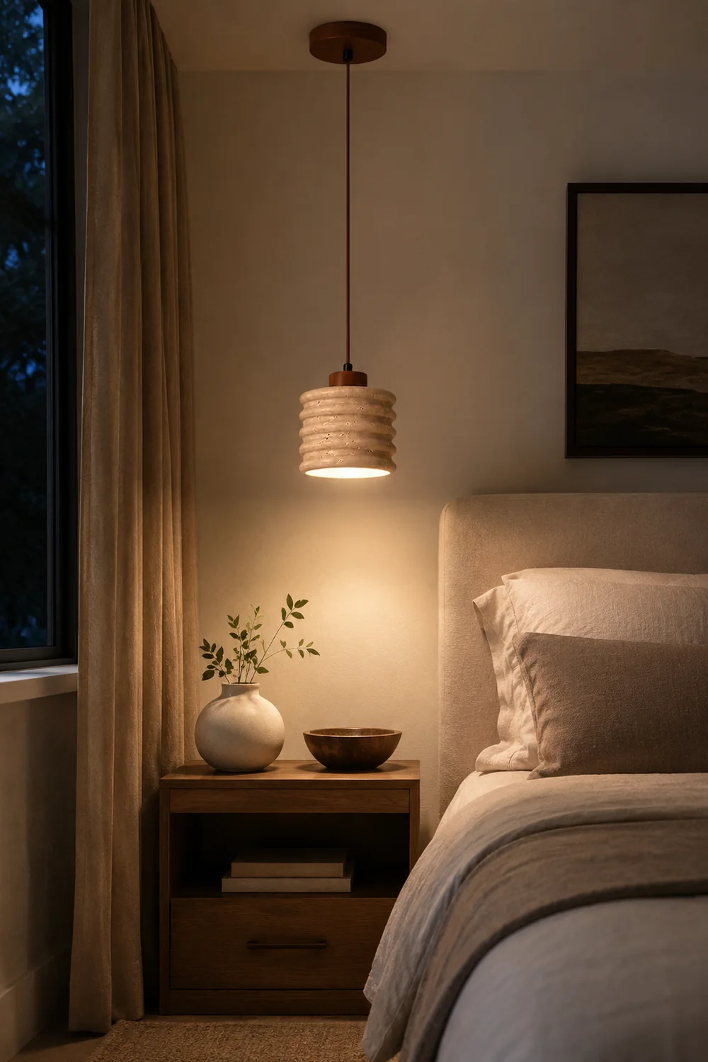 Rustic Travertine Cylinder Pendant with Wood Accent - Lumpaz