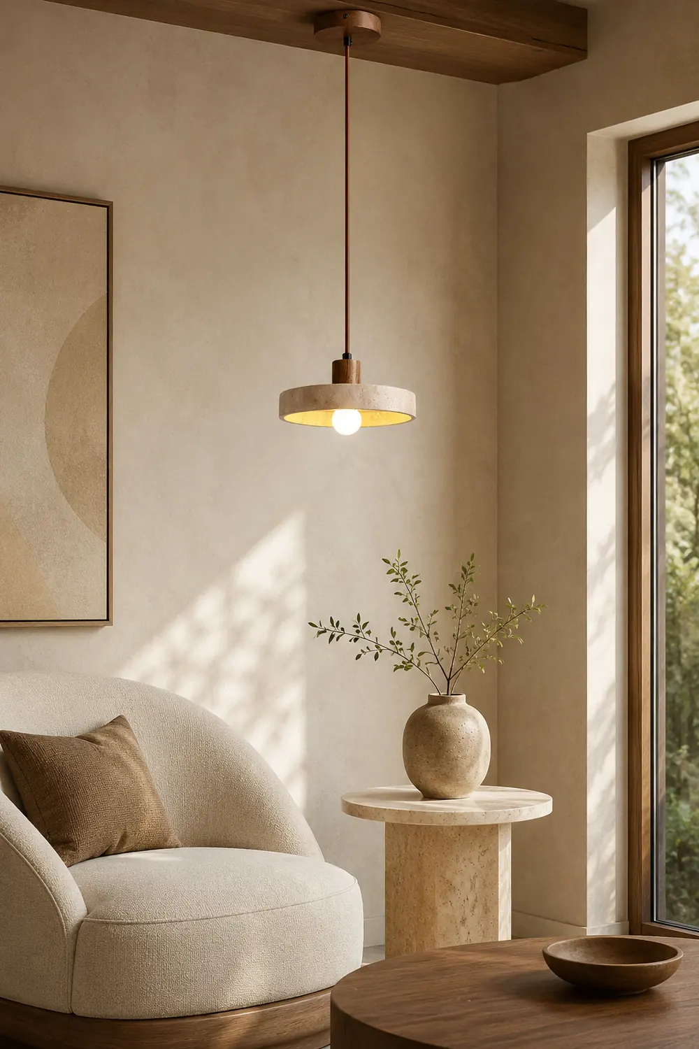 Natural Walnut Wood and Stone Pendant Lamp - Lumpaz