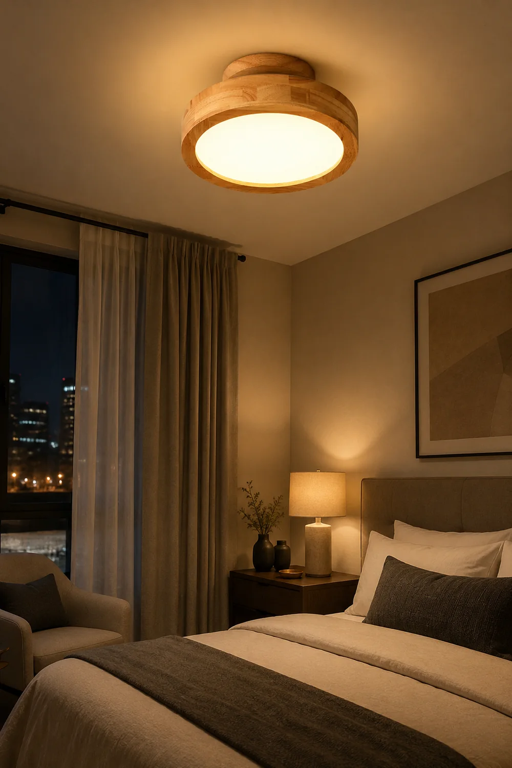 Contemporary Wood Round Flush Mount LED Ceiling Light - Lumpaz