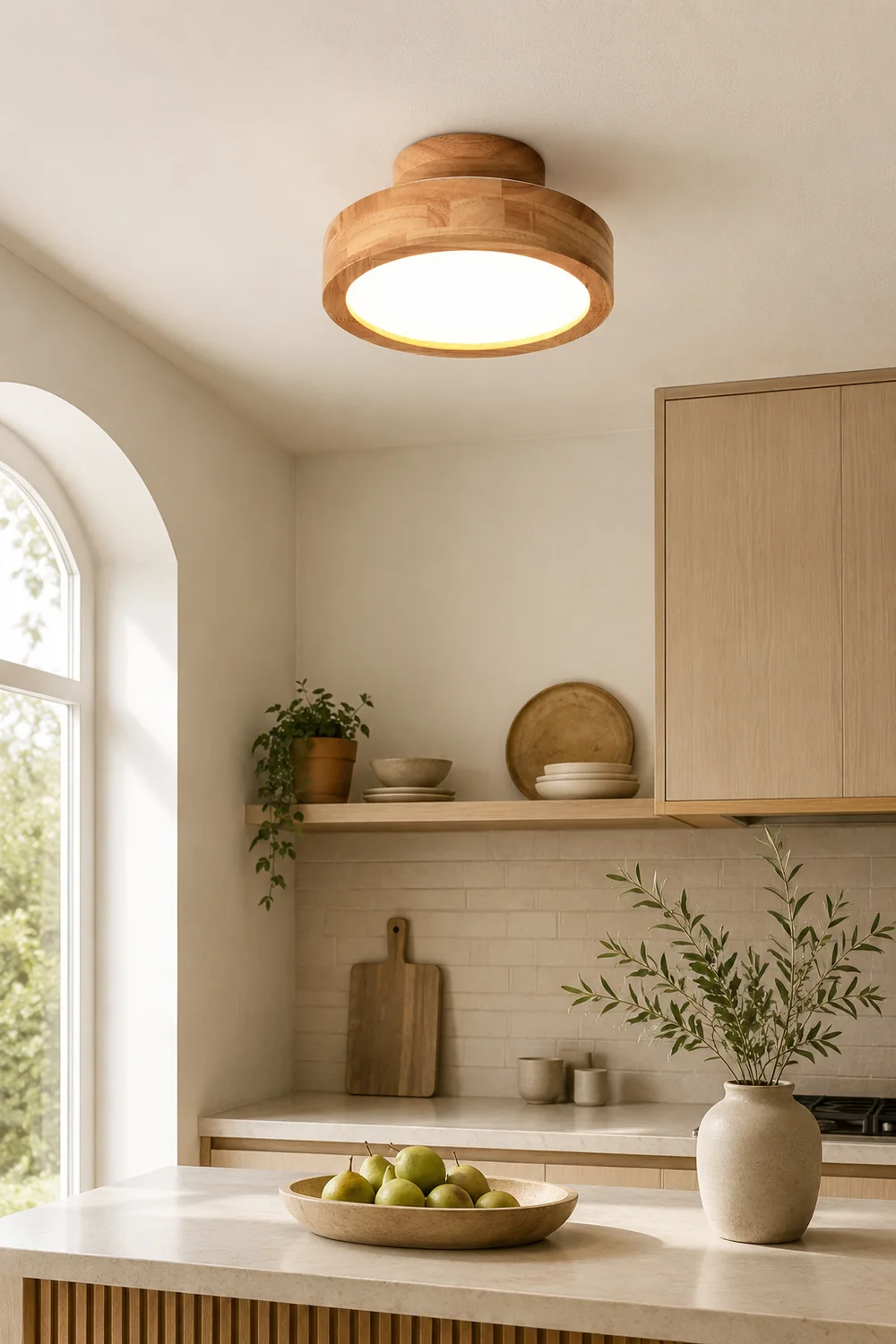 Contemporary Wood Round Flush Mount LED Ceiling Light - Lumpaz