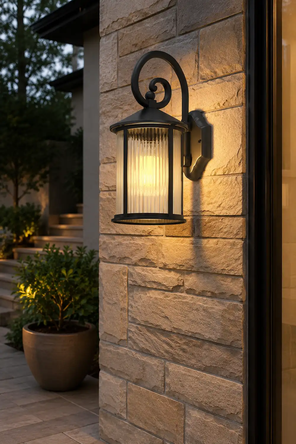 Waterproof Striped Glass Aluminum Black Retro Outdoor Wall Lights - Lumpaz
