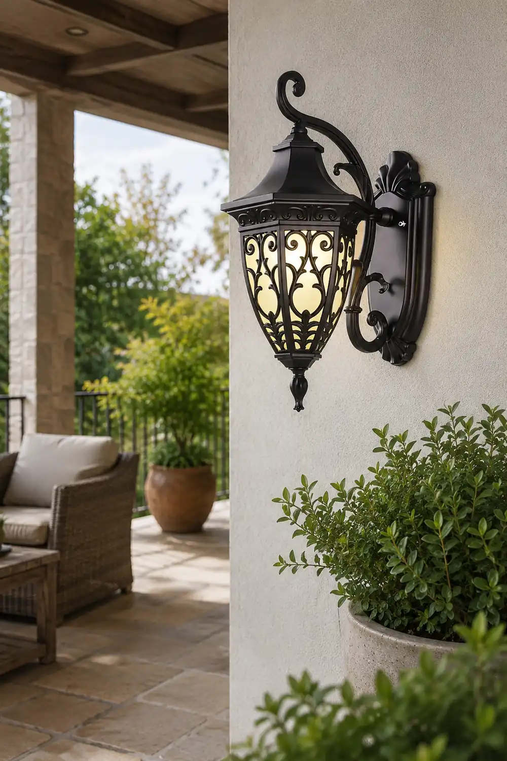 Vintage Flower Pattern Waterproof Black American Style Solar Wall Lamp - Lumpaz