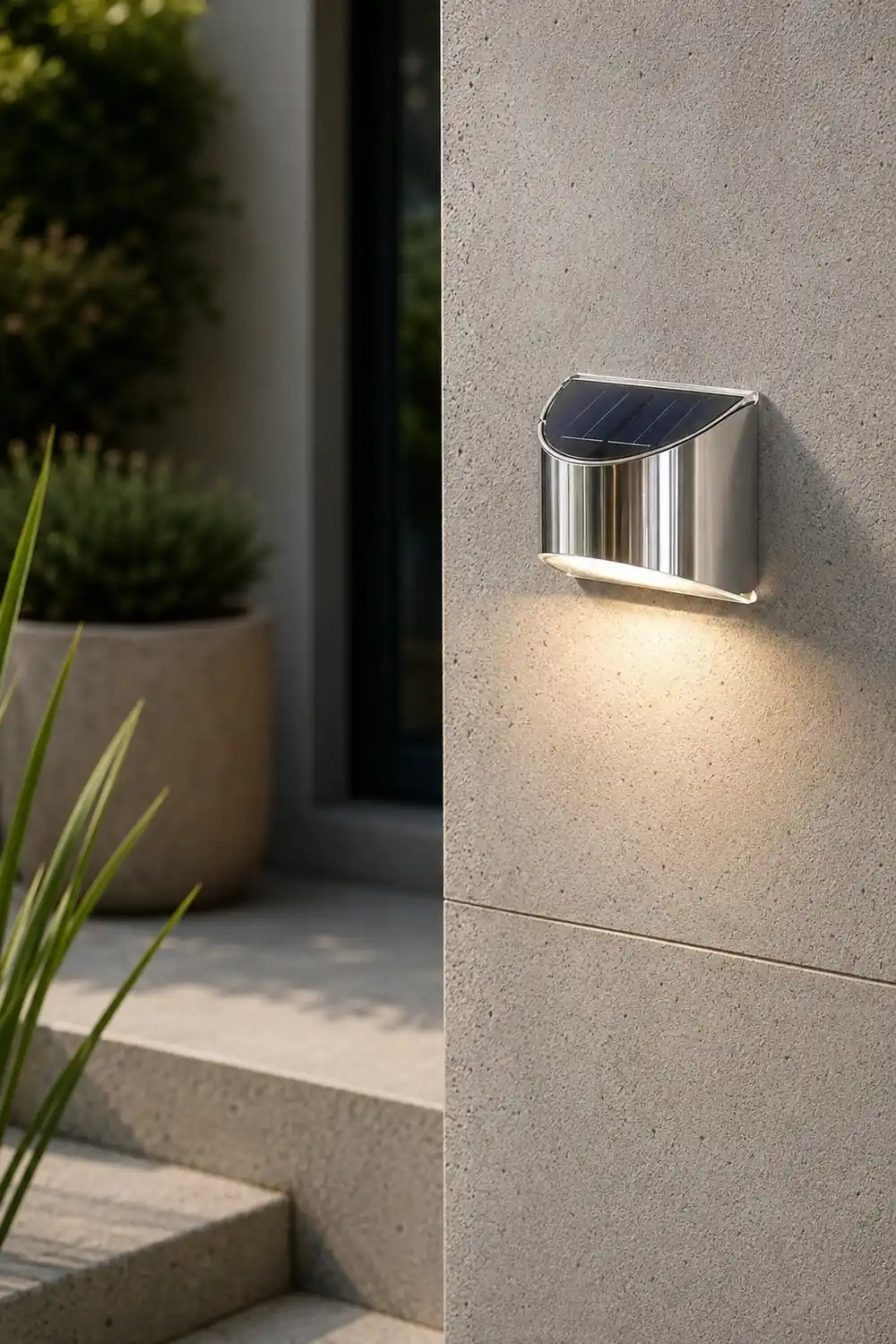 Stainless Steel Minimalist Waterproof Silver Modern Solar Wall Lamp - Lumpaz