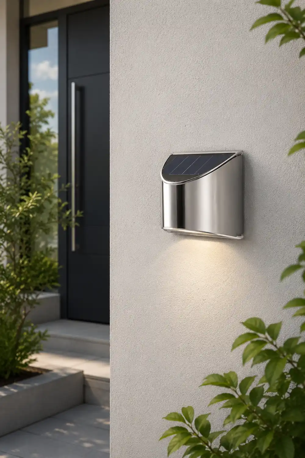 Stainless Steel Minimalist Waterproof Silver Modern Solar Wall Lamp - Lumpaz
