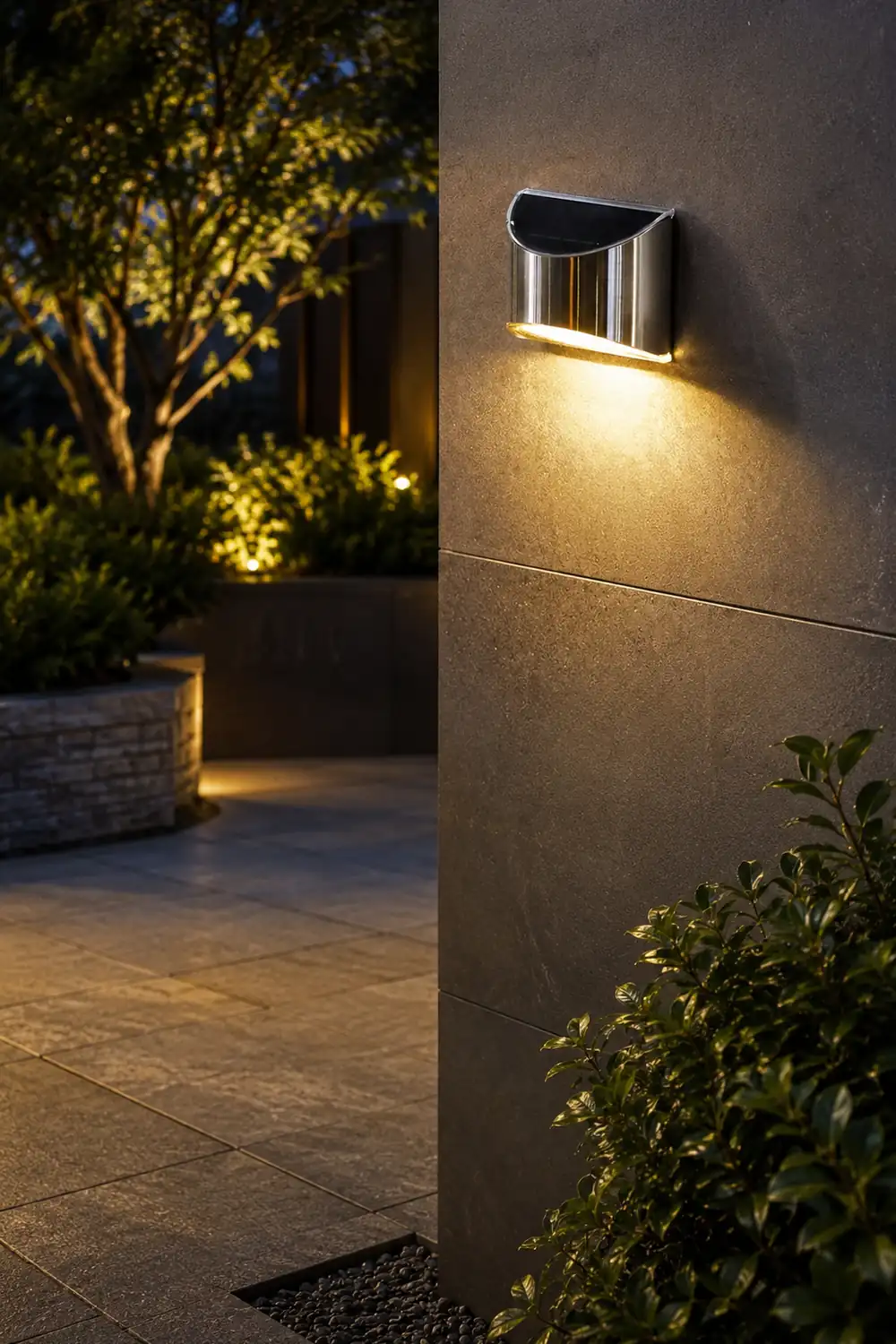 Stainless Steel Minimalist Waterproof Silver Modern Solar Wall Lamp - Lumpaz