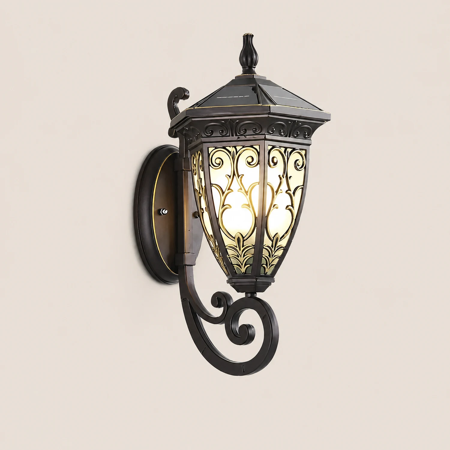 Vintage Flower Pattern Waterproof Black American Style Solar Wall Lamp - Lumpaz