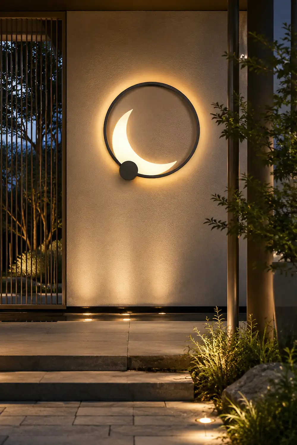 Round Moon Waterproof Black LED Wall Sconce Lighting Outdoor Wall Lamp - Lumpaz