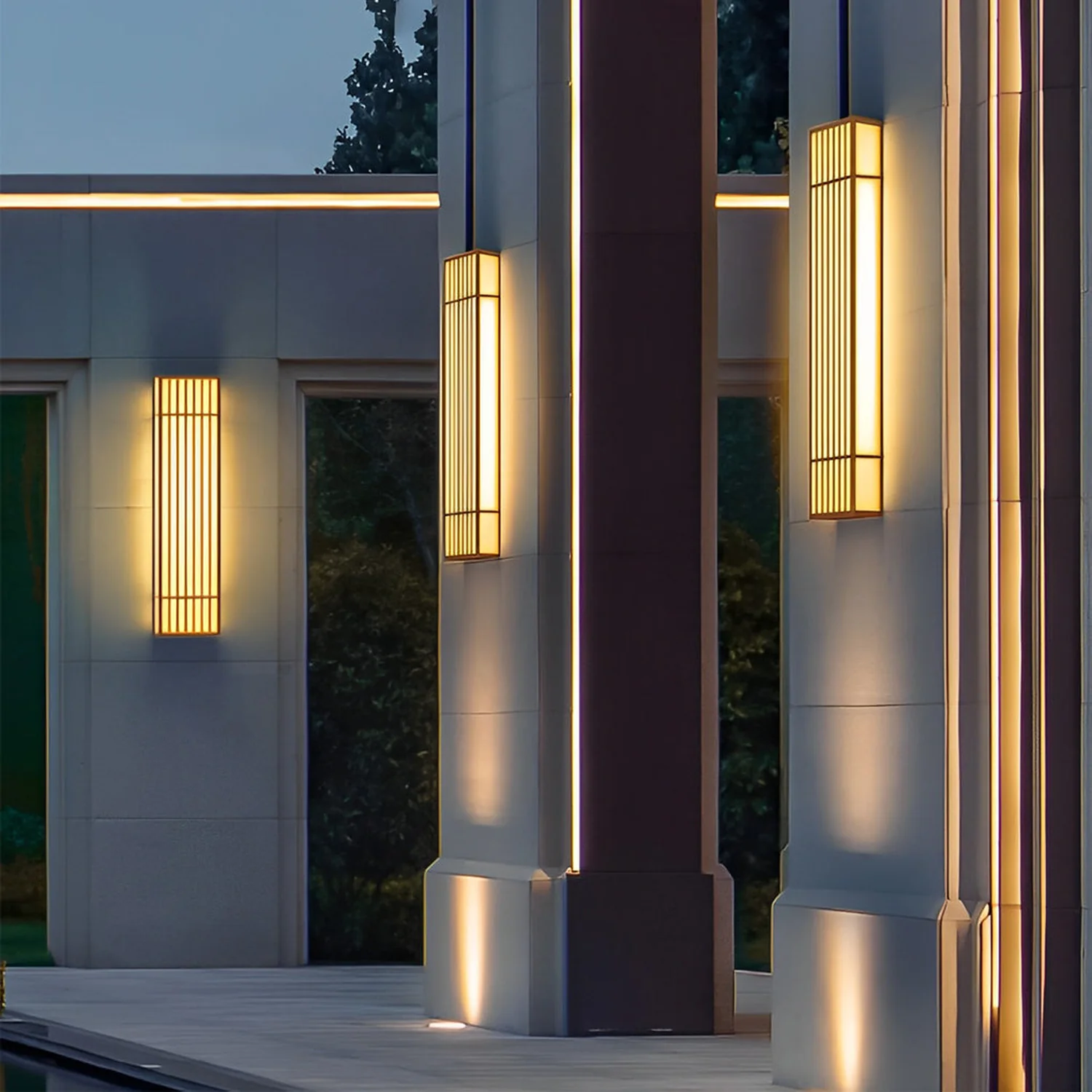 Retro Vertical Stripe Grid LED Waterproof Brown Outdoor Wall Lamp - Lumpaz