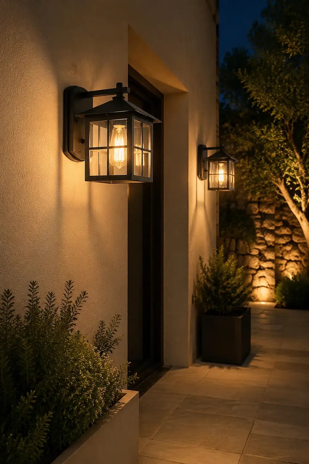 Antique Lantern Shaped Glass Waterproof Black Modern Wall Sconce Lighting - Lumpaz