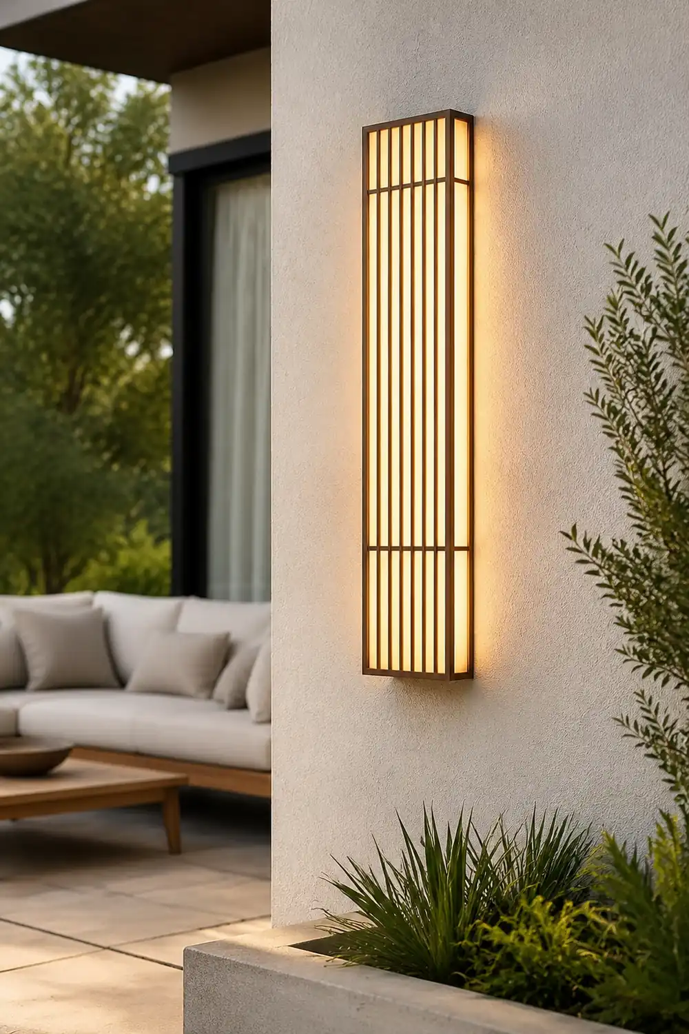 Retro Vertical Stripe Grid LED Waterproof Brown Outdoor Wall Lamp - Lumpaz
