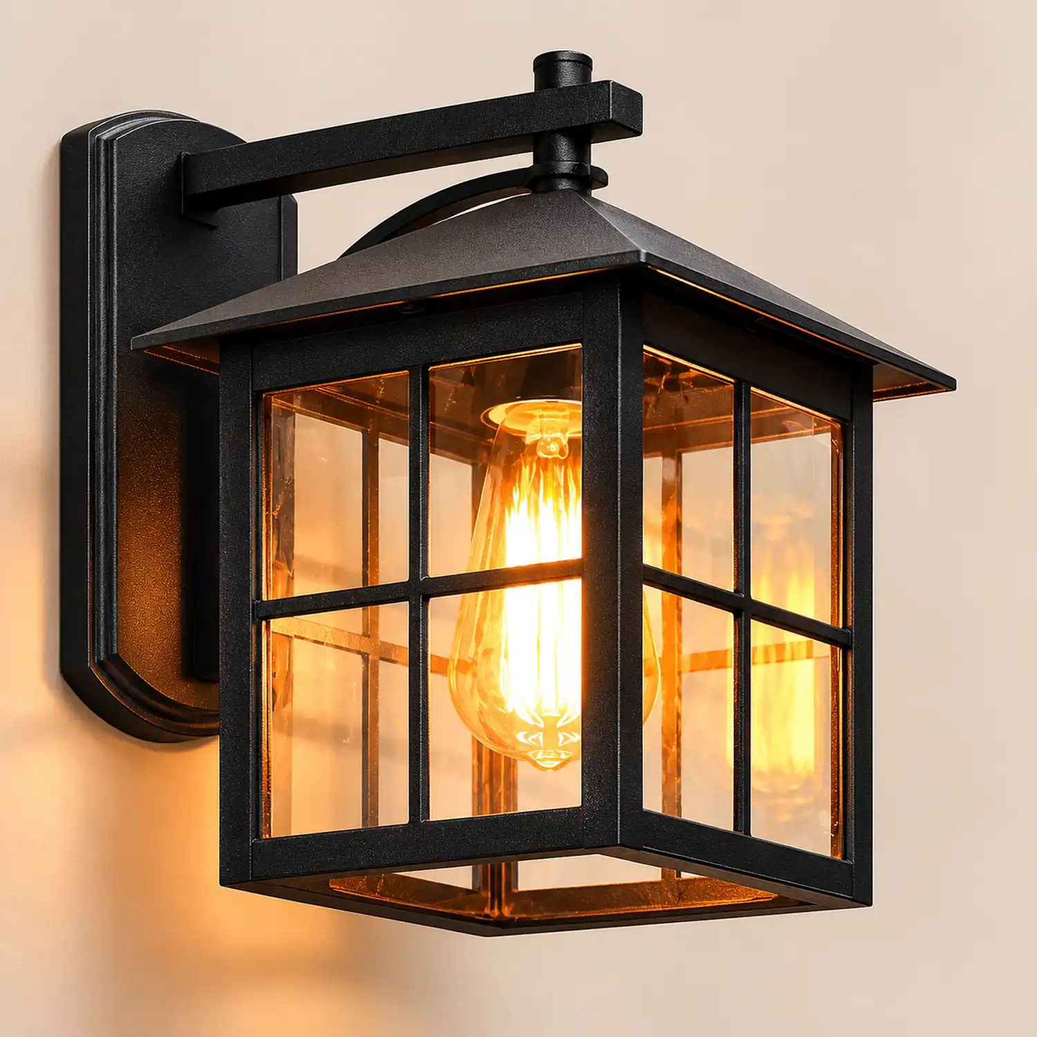 Antique Lantern Shaped Glass Waterproof Black Modern Wall Sconce Lighting - Lumpaz
