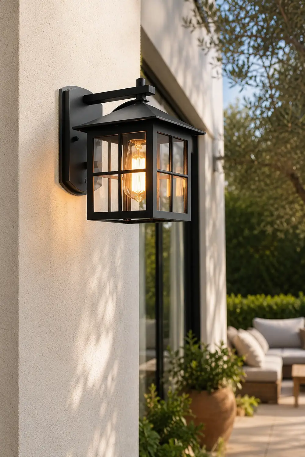 Antique Lantern Shaped Glass Waterproof Black Modern Wall Sconce Lighting - Lumpaz