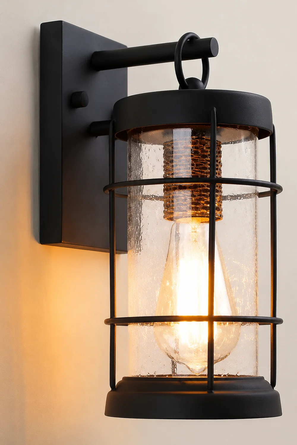 Waterproof Iron Glass Lantern Black Retro Rustic Exterior Wall Lights - Lumpaz