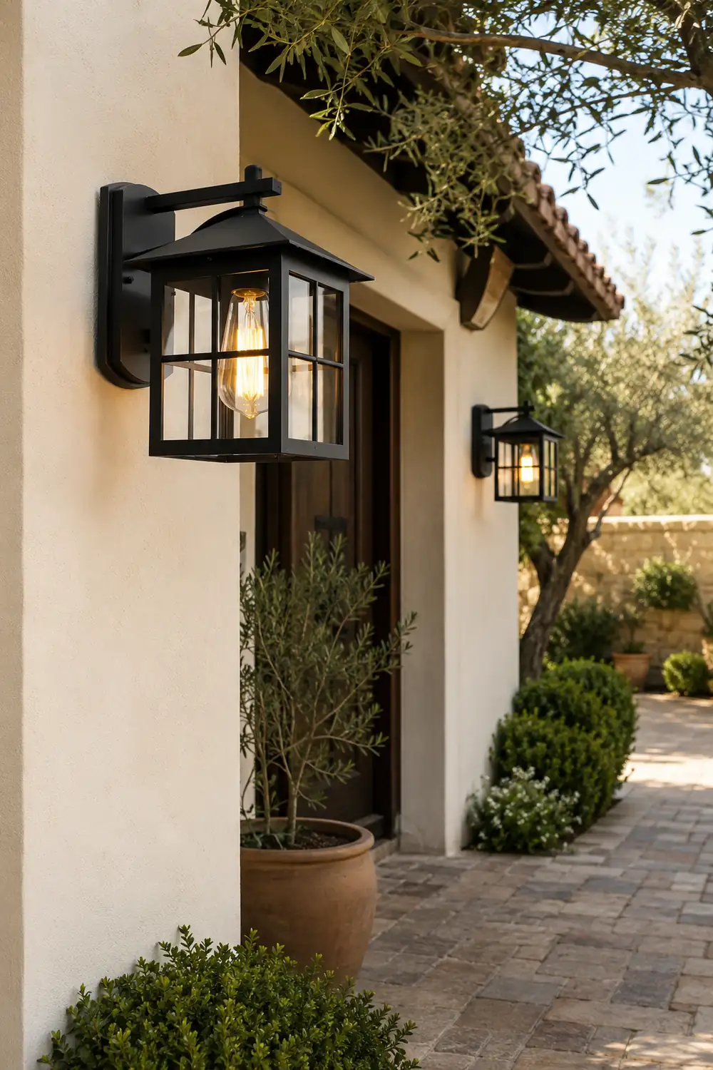 Antique Lantern Shaped Glass Waterproof Black Modern Wall Sconce Lighting - Lumpaz