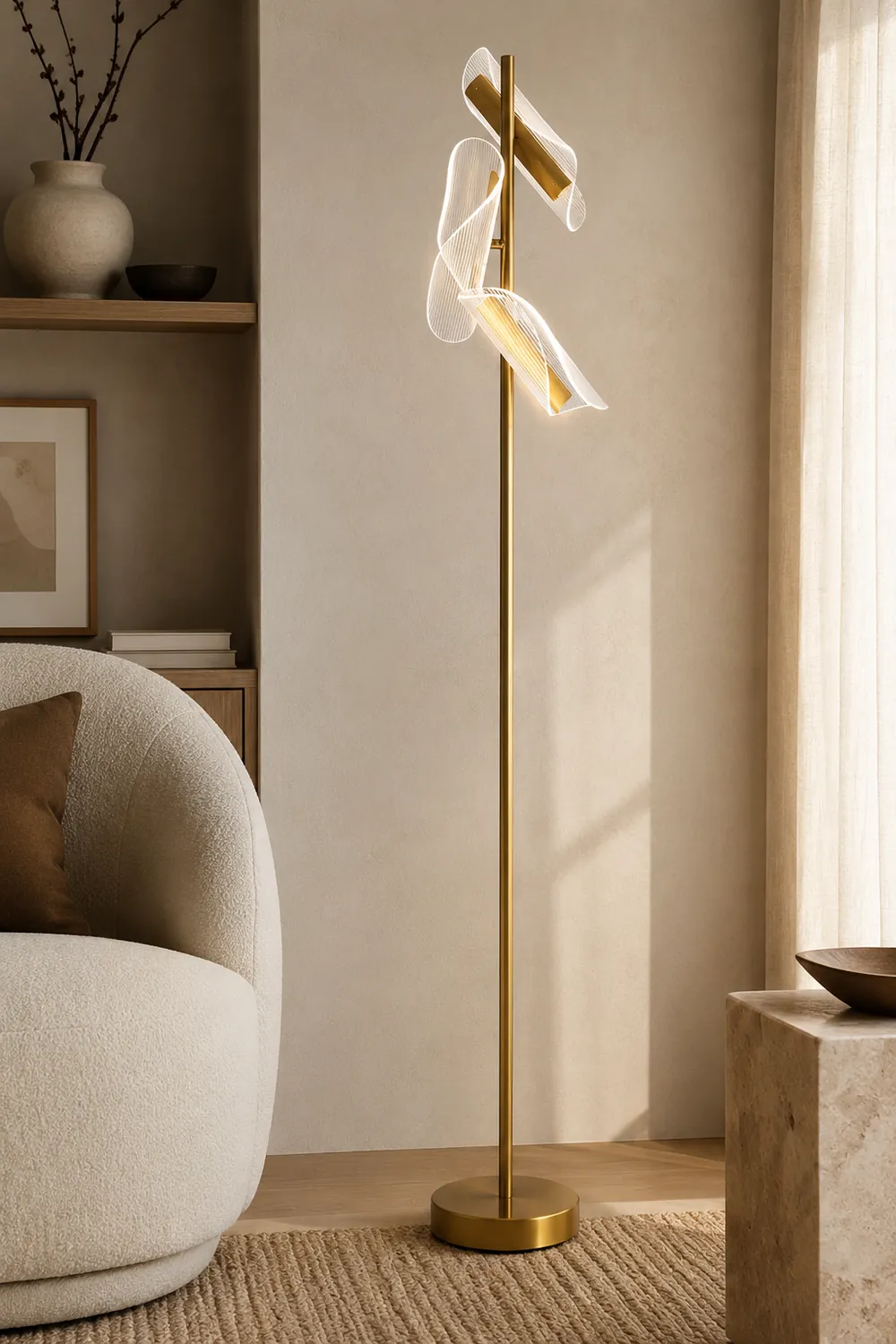 Salgado Floor Lamp Waves/3 Heads Modern, Acrylic, Gold/White, Living Room - Lumpaz