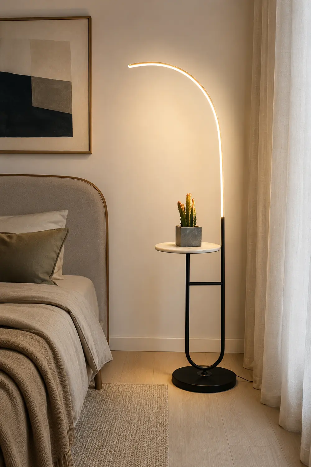 Edge Floor Lamp Bedside Table Modern, Marble/Acrylic, Black, Bedroom - Lumpaz