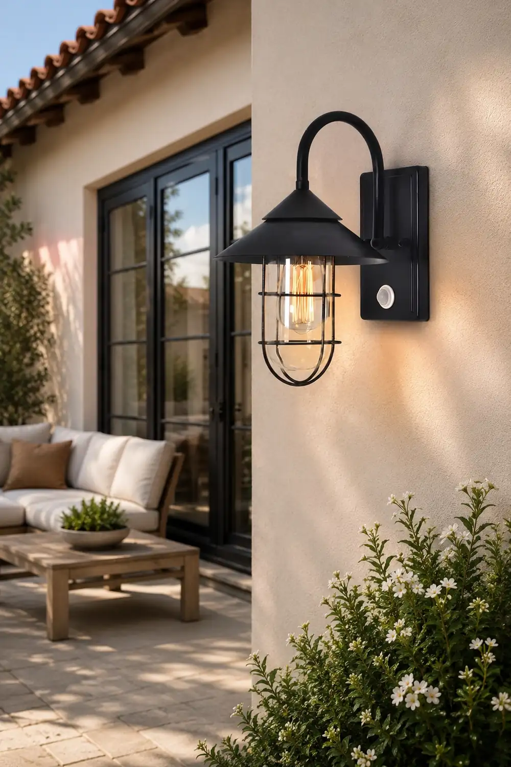 Retro Round Iron Glass Waterproof Motion Sensor Black Outdoor Wall Lights - Lumpaz