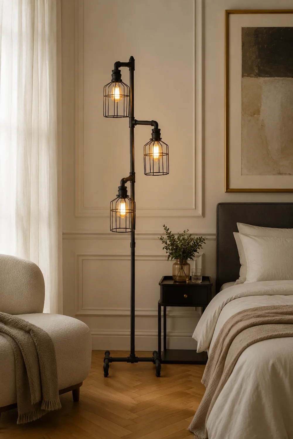 Alessio Retro Bird Cage Metal Floor Lamp, 3 Heads,Black - Lumpaz