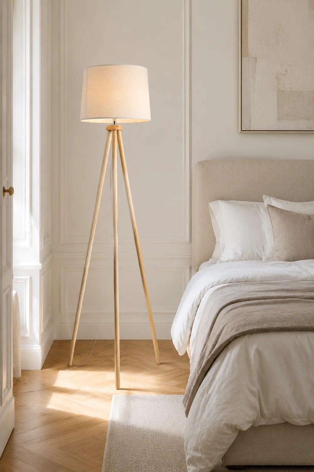 Muto Modern Cylinder Wood Fabric Floor Lamp, White/Beige - Lumpaz