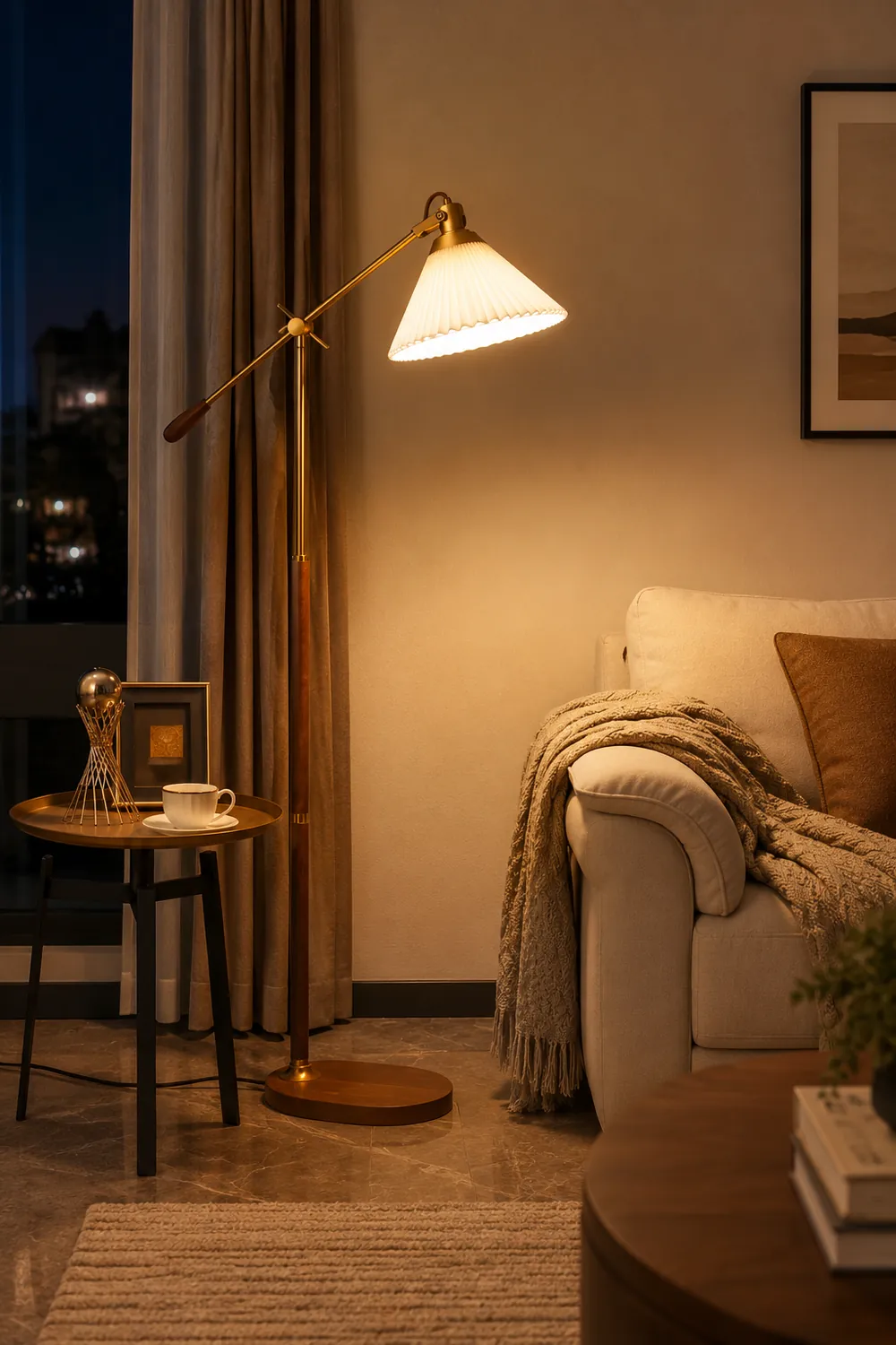 Ozawa Floor Lamp Pleated Retro, Metal/Wood, Living Room - Lumpaz