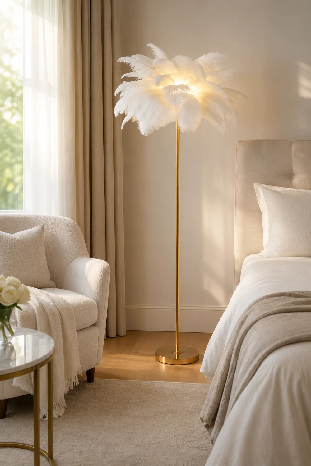 O'Moore Modern Floor Lamp, Natural Ostrich Feather & Metal Stand - Lumpaz