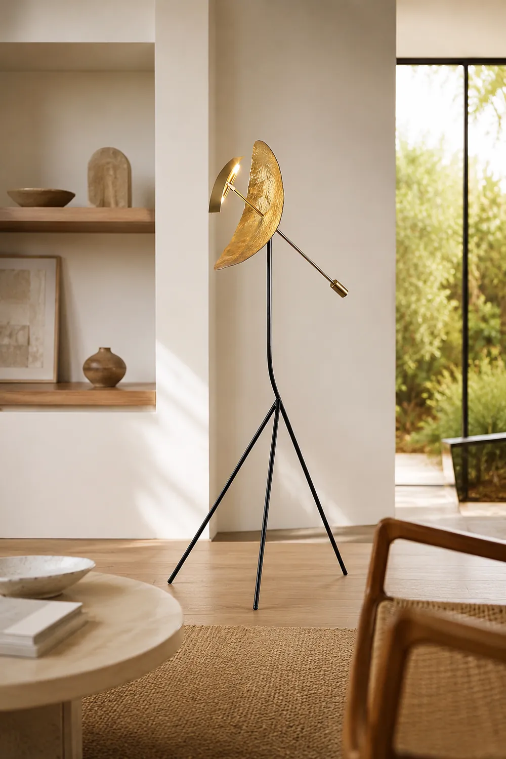 Salgado Floor Lamp Tripod Reflection Postmodern, Metal, Gold, Living Room - Lumpaz