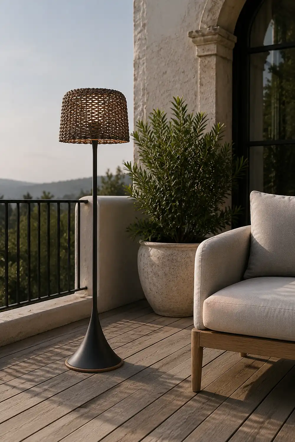 Ritta Waterproof Outdoor Floor Lamp, Rattan Black/White Balcony/Terrace - Lumpaz