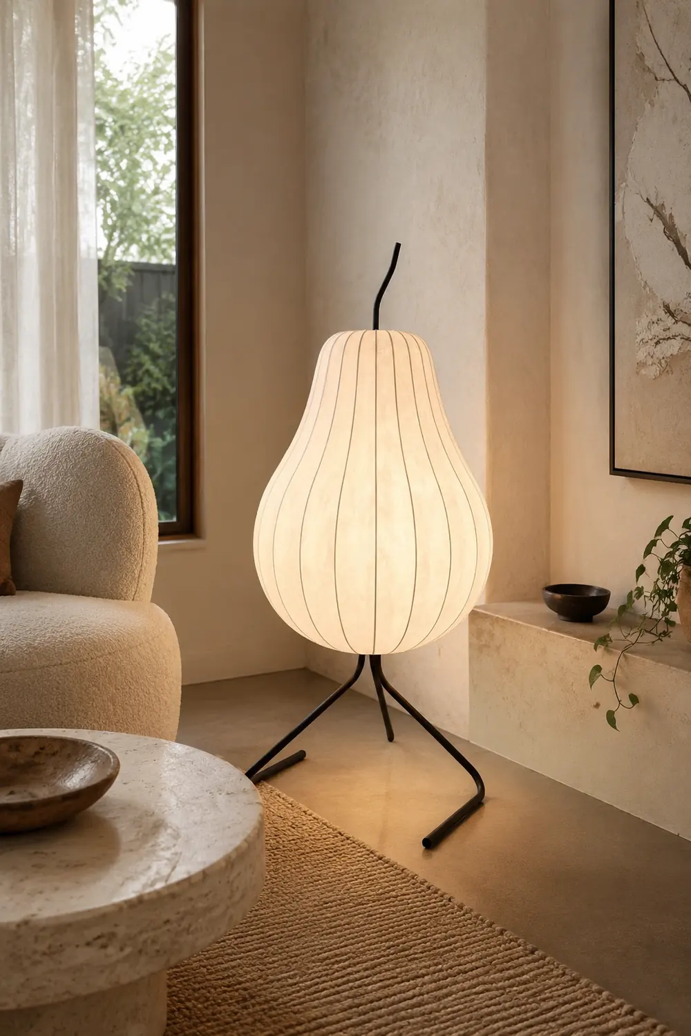 Renée Floor Lamp Pear Shaped Unique Art Deco, Fabric/Metal, Living Room - Lumpaz