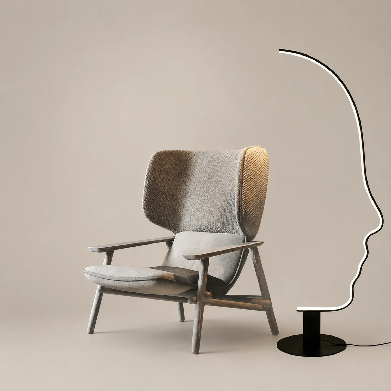 Edge Human Face Profile Modern Arc Floor Lamp, Black, Metal/Silicon - Lumpaz