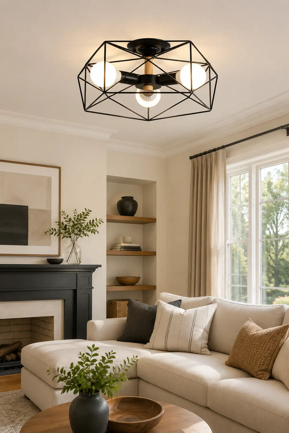 Cooley Modern Geometric Lantern Metal Flush Mount Ceiling Light, Black/White/Gold - Lumpaz