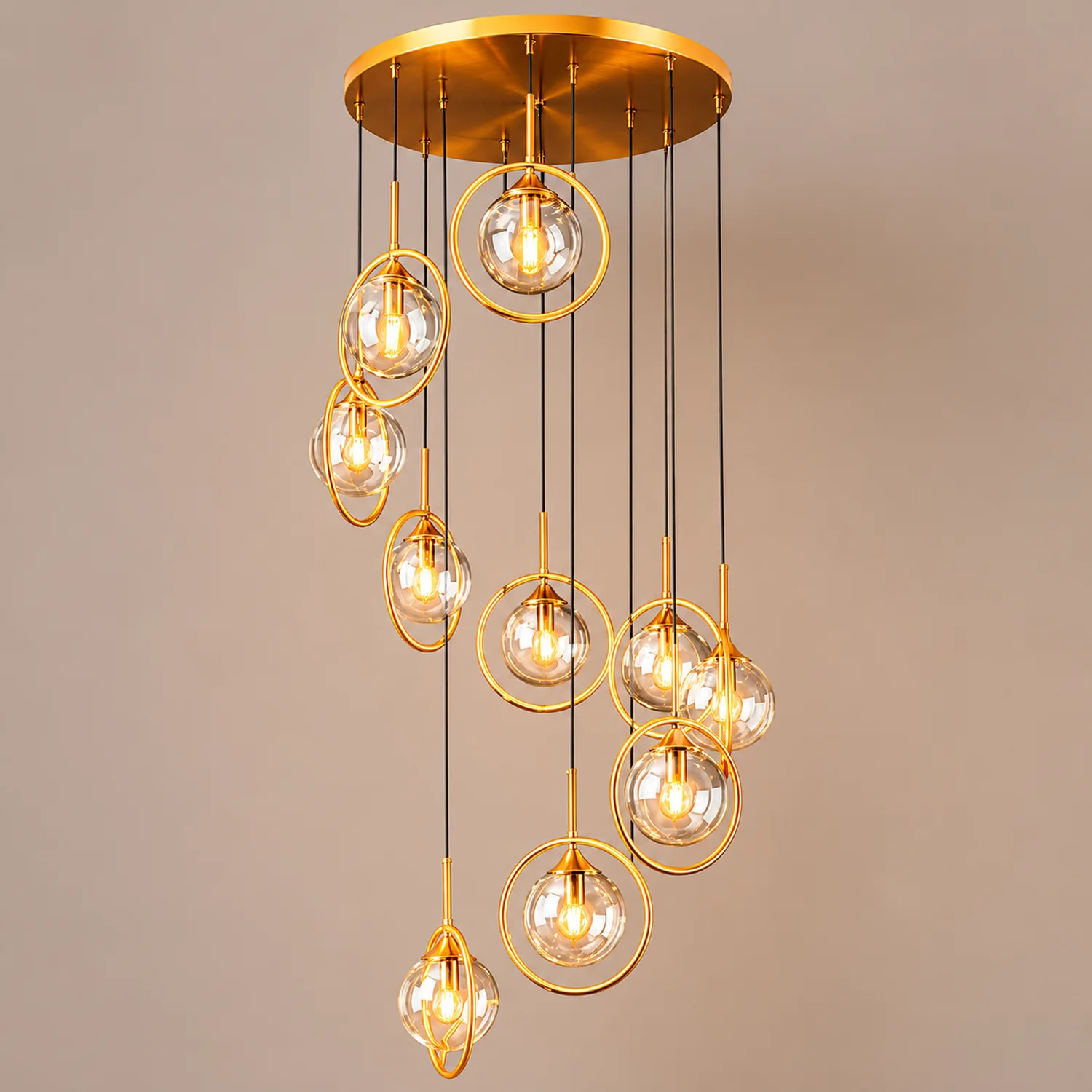 Hailie Modern Spiral Ball Glass Staircase Chandelier, Clear/Amber/Smoke Gray - Lumpaz