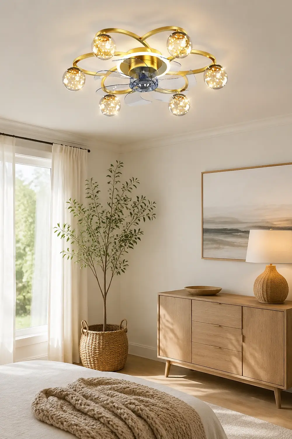 Madina Gold 7-Blade Starry Ceiling Fan with Light, DIA 22.8" - Lumpaz