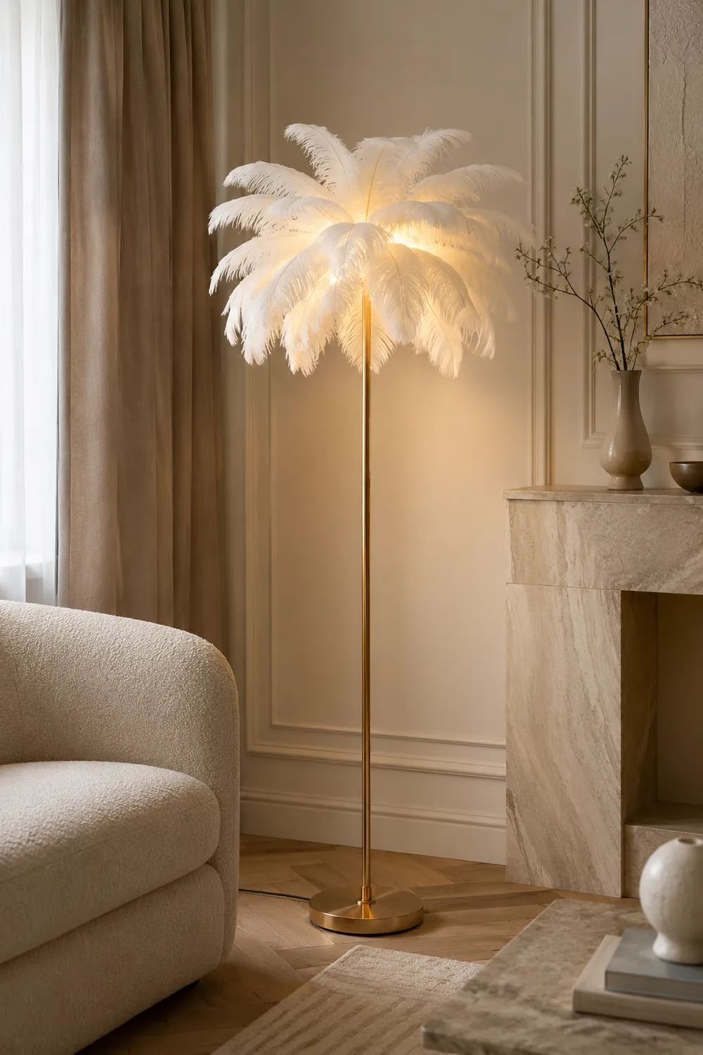 O'Moore Modern Floor Lamp, Natural Ostrich Feather & Metal Stand - Lumpaz