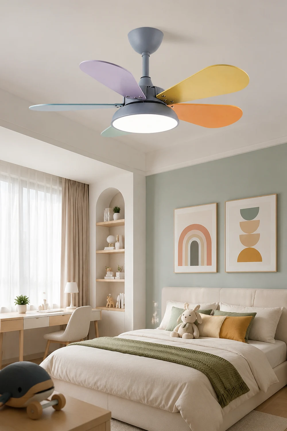 Morandi Colorful DC Ceiling Fan with Light, Gray & White, 5-Blade, for Summer - Lumpaz
