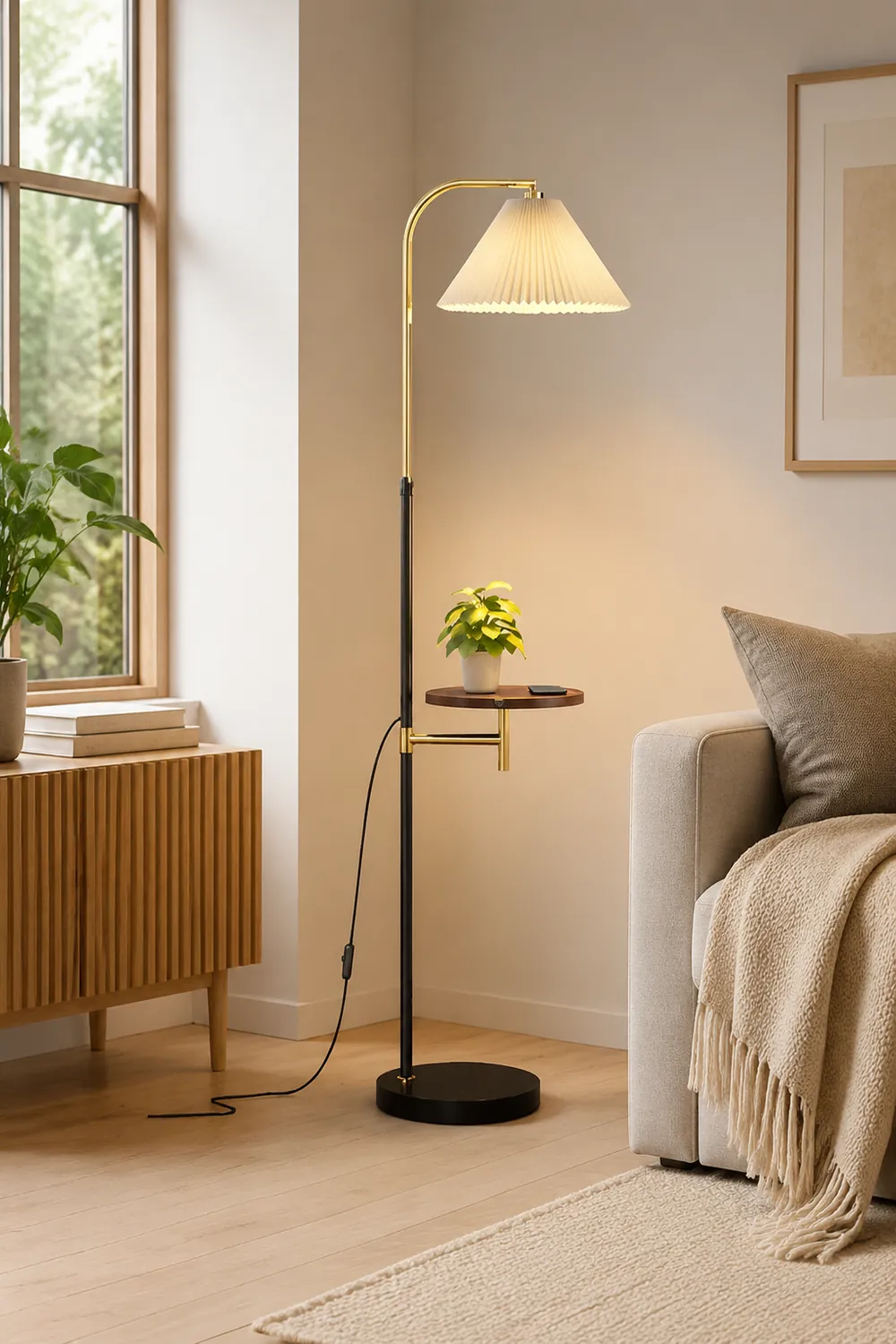 Ozawa Pleated Metal Floor Lamp With Shelves,Gold-Black/Gold - Lumpaz
