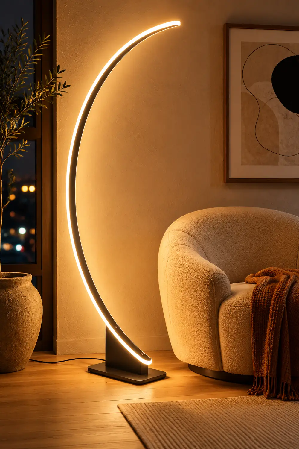 Edge Modern Minimalist Arched Metal Floor Lamp, Black - Lumpaz