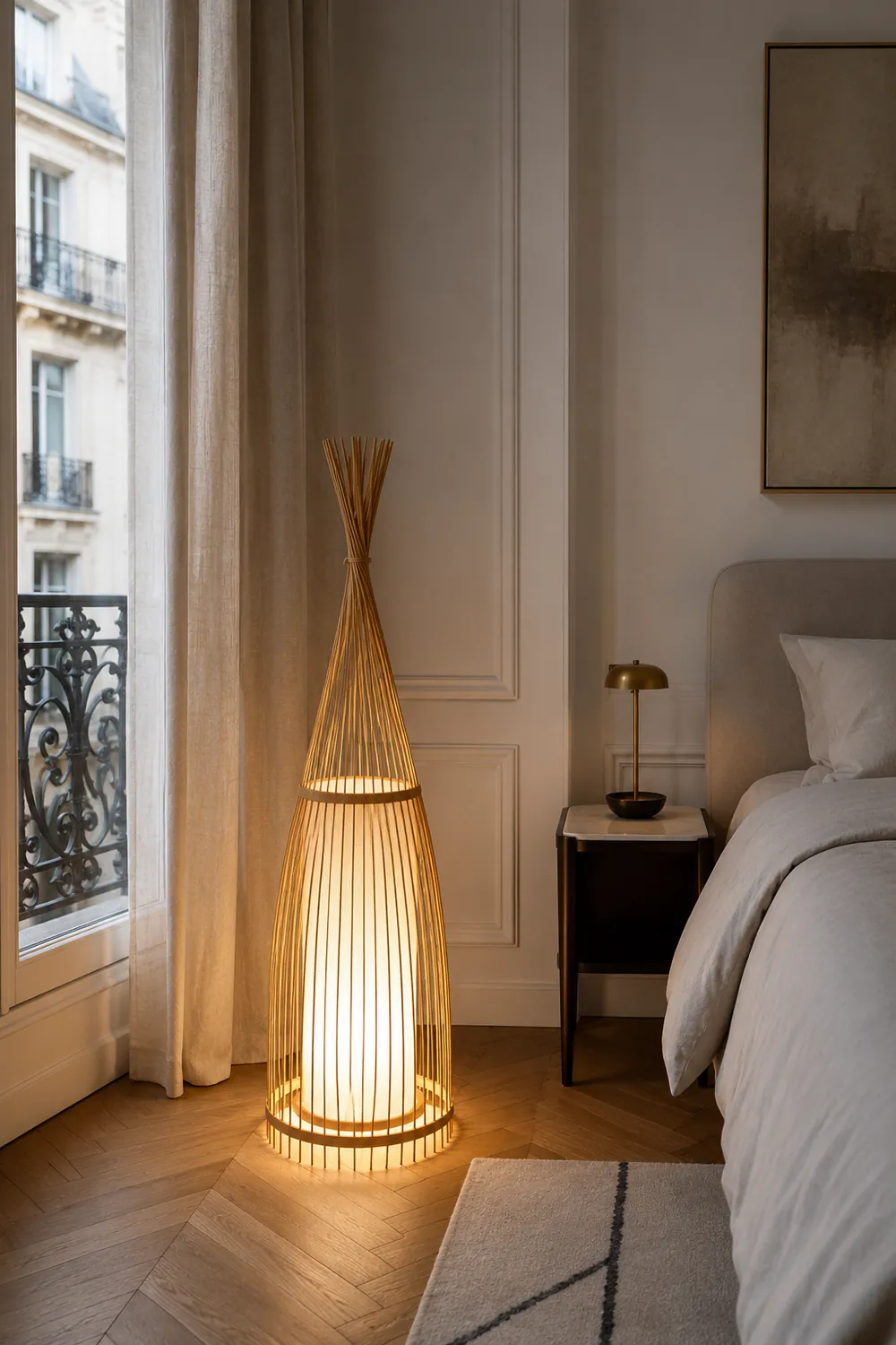 Ozawa Rustic Bottle Standing Floor Lamp, Rattan/Fabric, Bedroom - Lumpaz