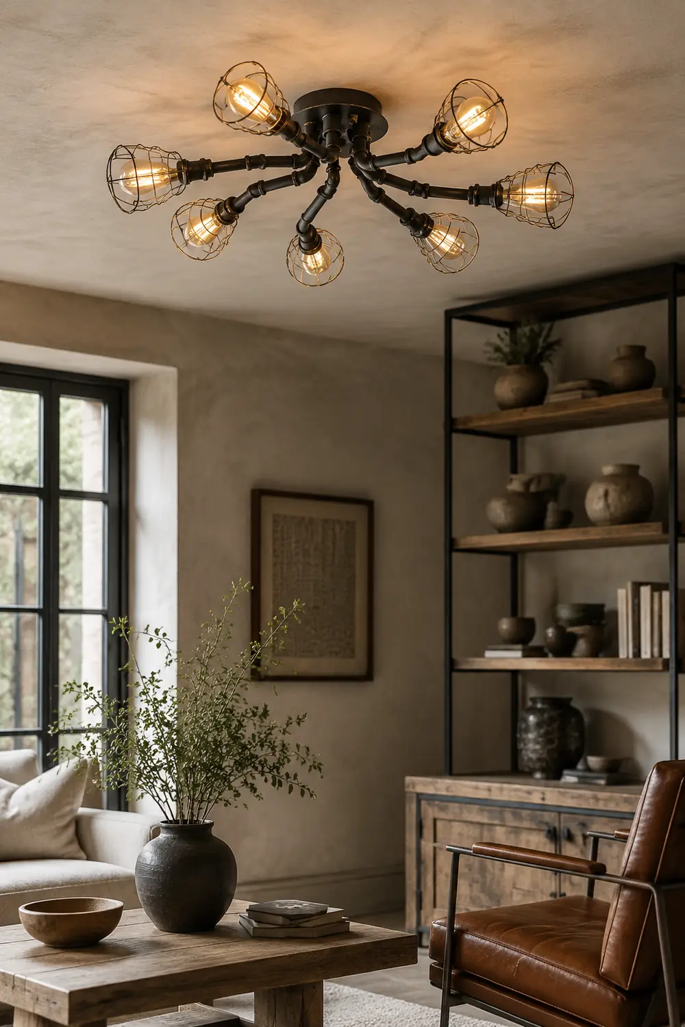 Alessio Industrial Flush Mount Ceiling Light, Black/Brass - Lumpaz