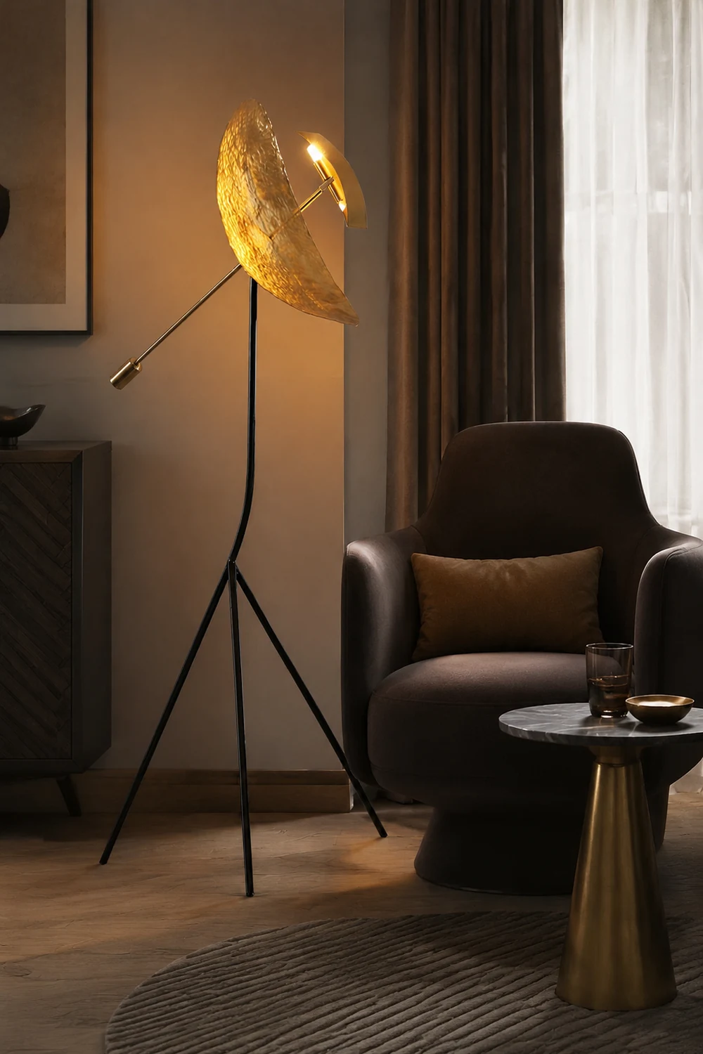 Salgado Floor Lamp Tripod Reflection Postmodern, Metal, Gold, Living Room - Lumpaz